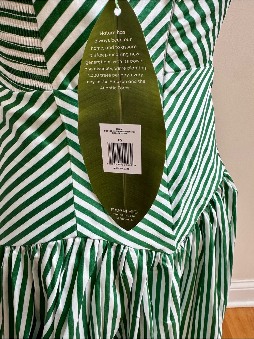 NWT FARM Rio Green & White Striped Midi Dress, NWT, XS - Picture 6 of 8
